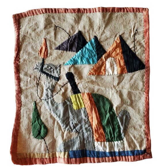 Vintage Fabric Art Camel Pyramids Egypt Rustic Hand Made 15.5" x 17" - Picture 1 of 5
